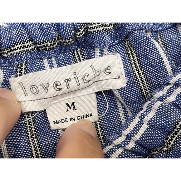 Love Riche | Off Shoulder Mini A-Line Dress Striped Linen‎ Cotton Blue | Medium - Picture 7 of 12